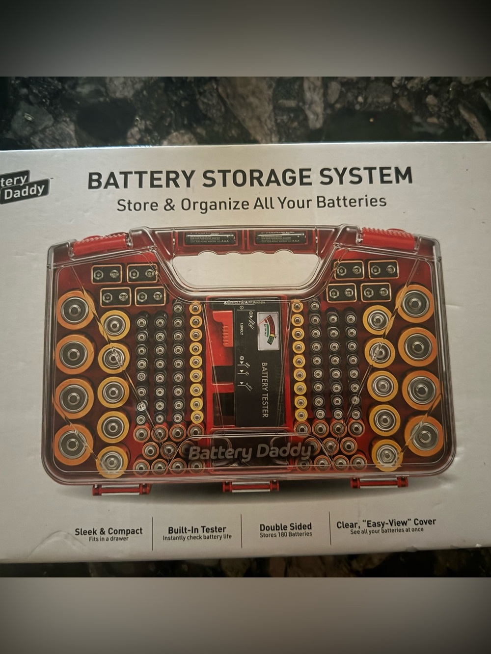 Battery Storage System - Red/Orange Organizer with Built-In Tester